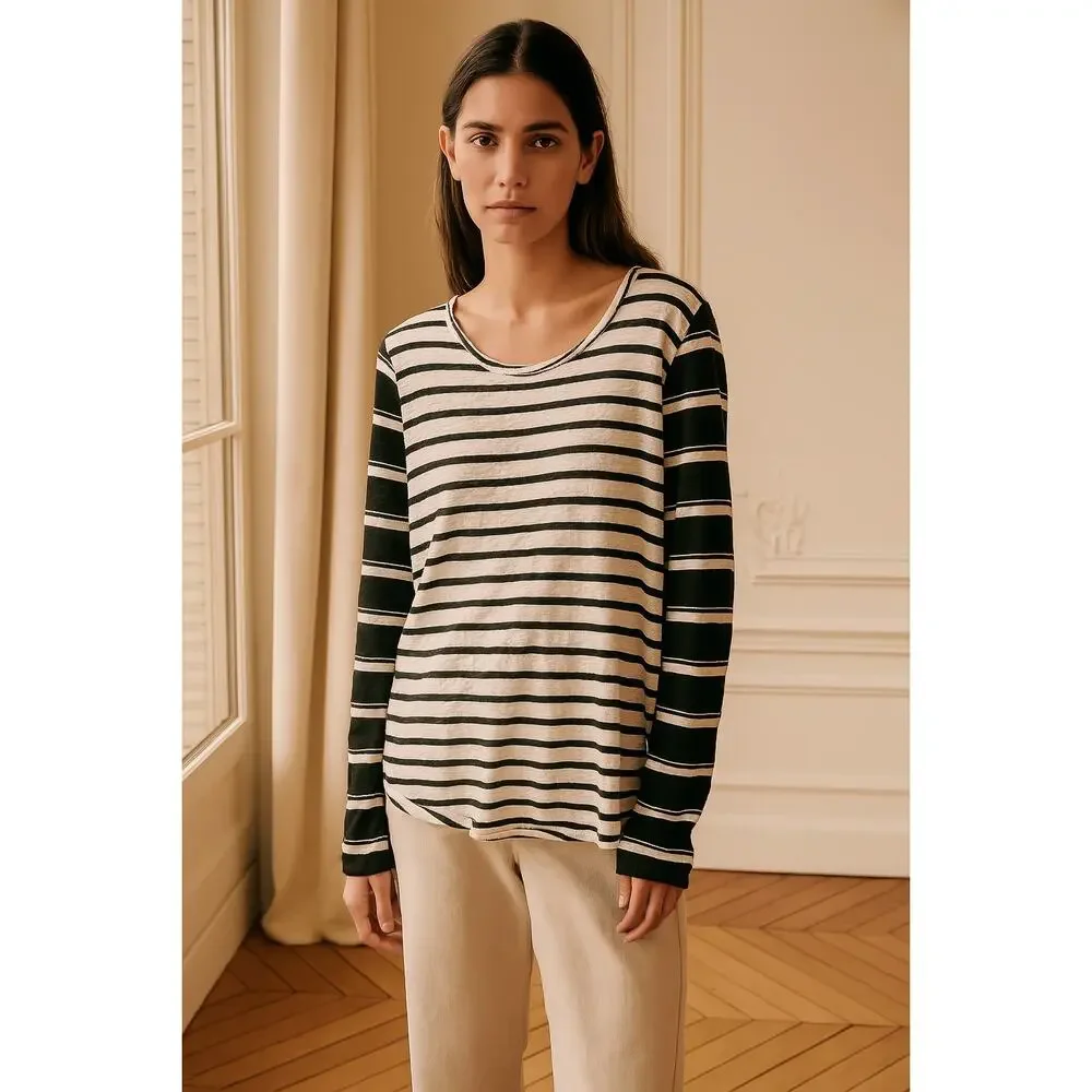 Free People Black & White Stripe Button Cuff Knit  Top Small